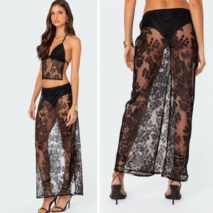 NEW Edikted Bess Sheer Lace Floral Maxi Skirt Black size S